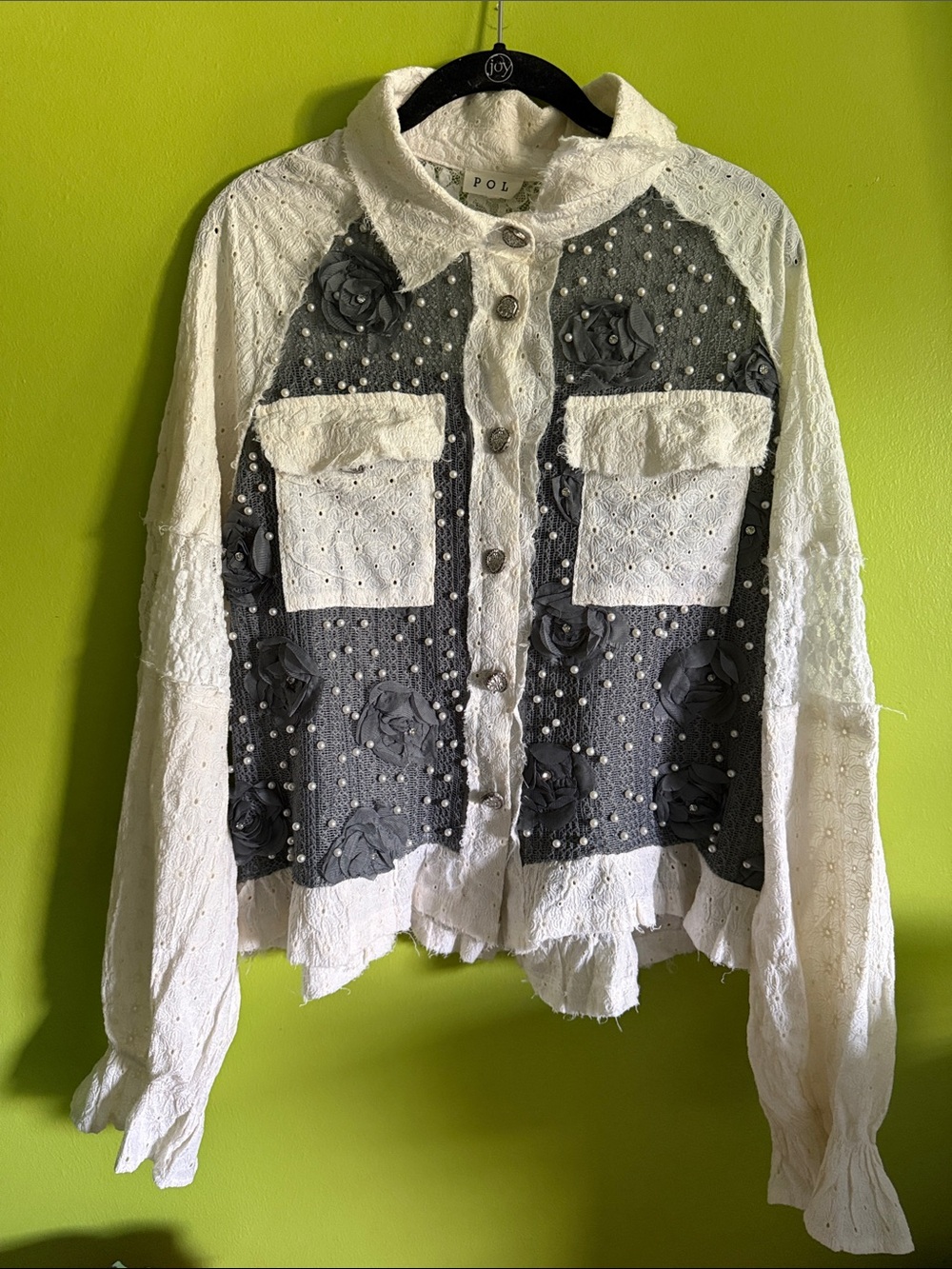 POL Embellished Two-Tone Eyelet Button-Up Top in White and Gray